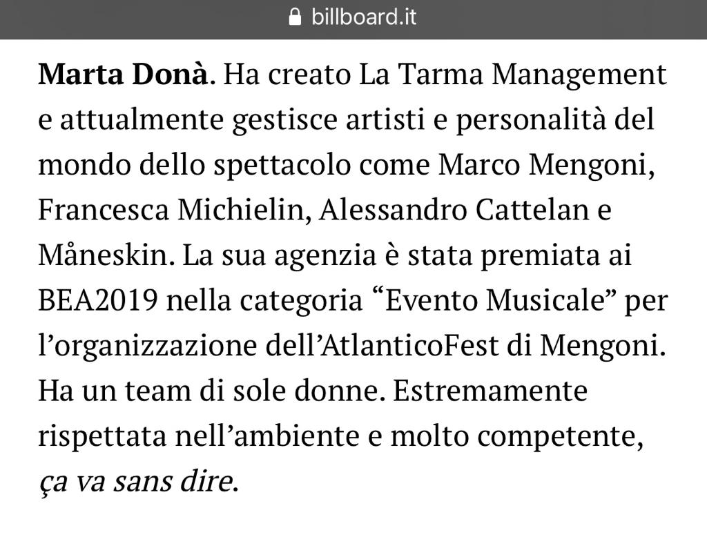 Marta Donà nominata da Billboard Italia